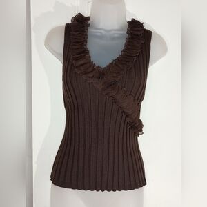 2/$30 Y2K Ruffled Sleeveless Brown Ribbed Knit Top with Textured Detail(#1,142)